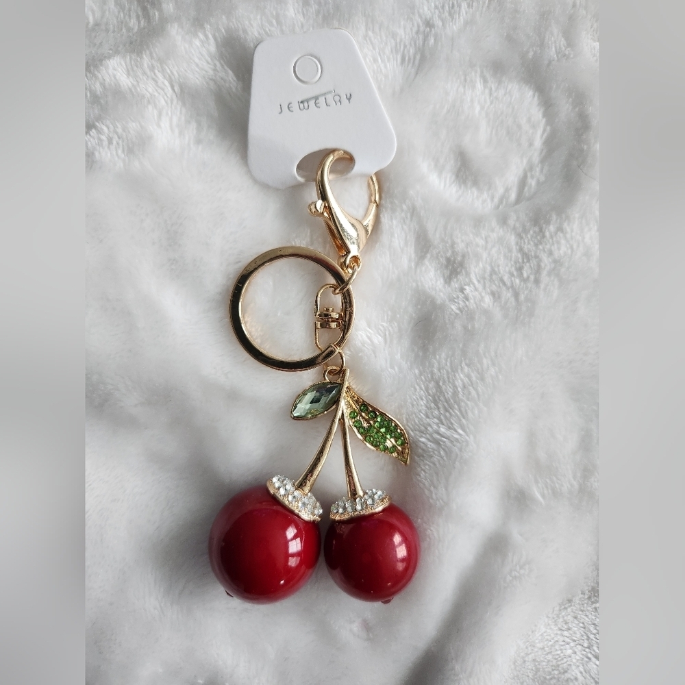 Cherry Keychain with Red and Gold Accents Bag Charm